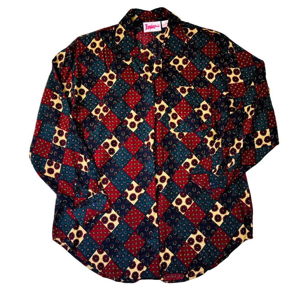 Pennylane Vintage Multi Color Patchwork Floral Rayon Button Down Shirt Womens M